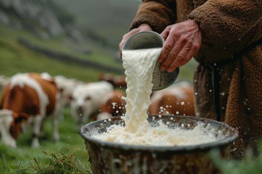 person-pours-fresh-milk-from-metal-pail-against-backdrop-grazing-cows-lush-green-countryside_963414-9355